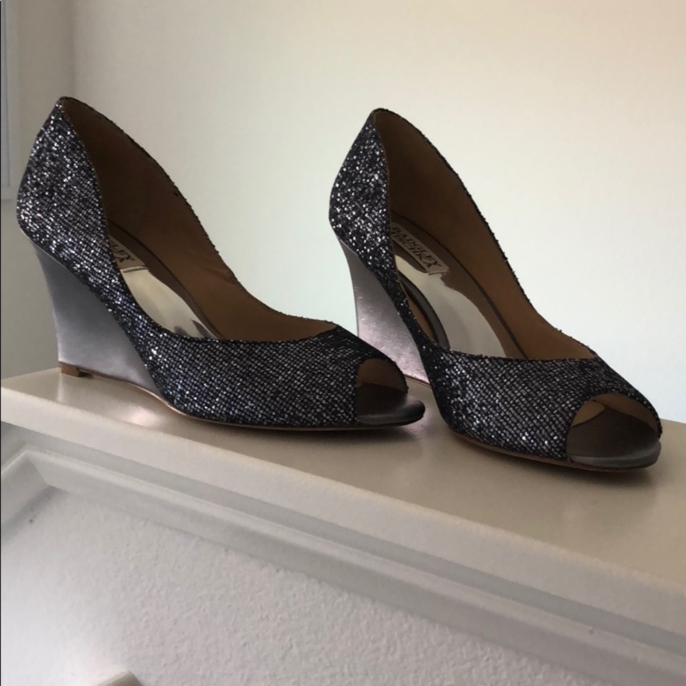 Badgley Mischka blue glitter wedge heels